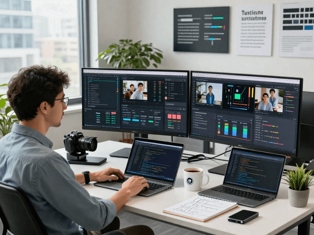 Analyze and detect AI image content in a modern workspace setting with advanced technology integration.