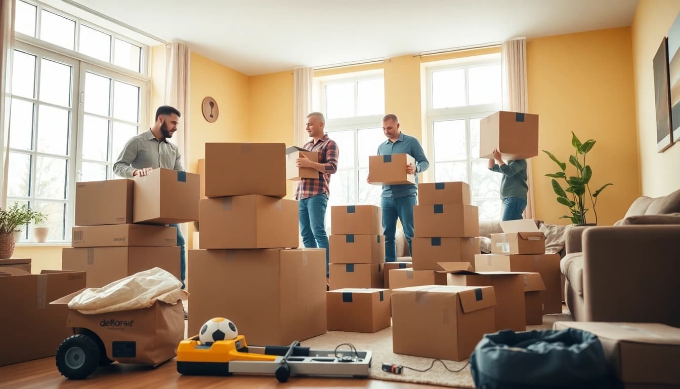 Efficient removals company Cheltenham team packing boxes in a bright home.
