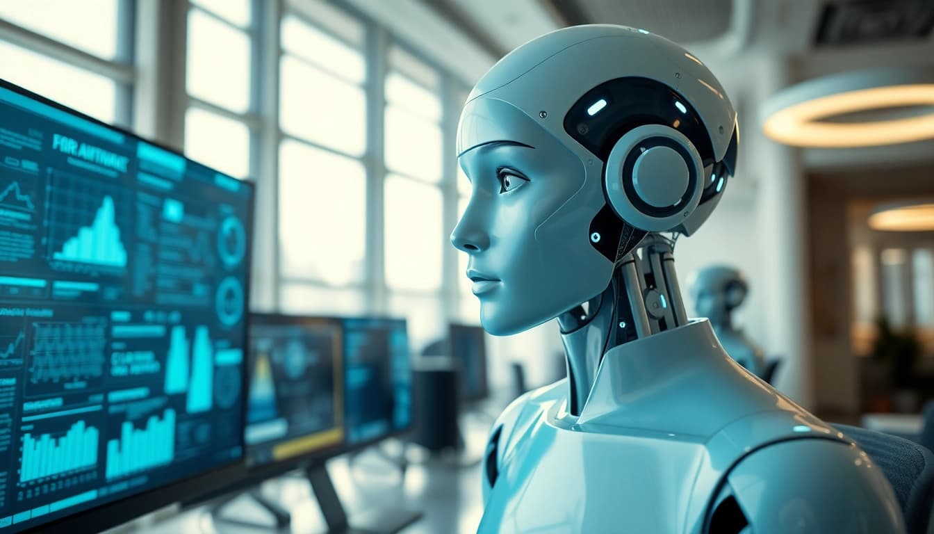 Engage with an ai avatar in a bright, modern office showcasing high-tech interactions.