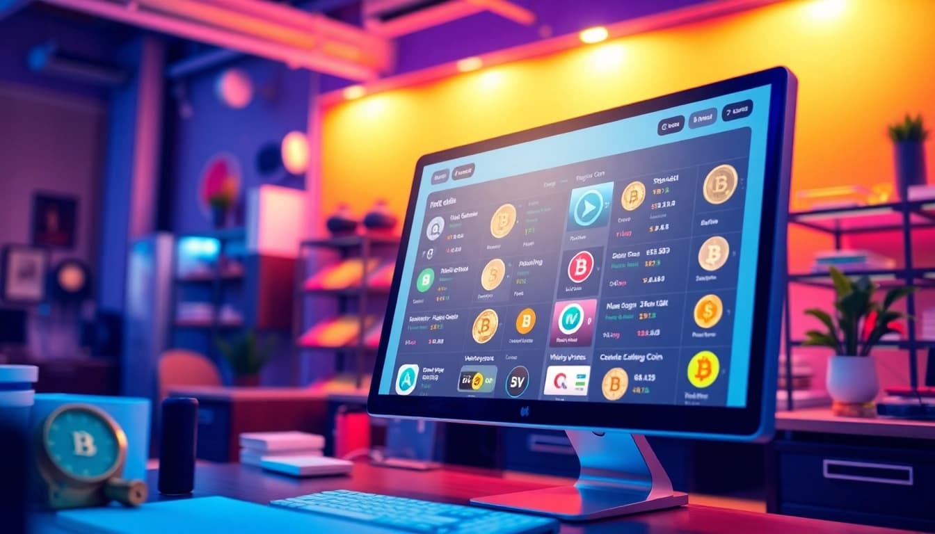 Explore trending coins listing in a vibrant digital marketplace interface with engaging details.
