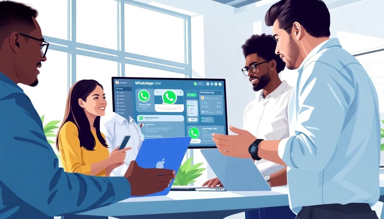 Visual representation of What is a CRM for WhatsApp highlighting teamwork around a digital interface.