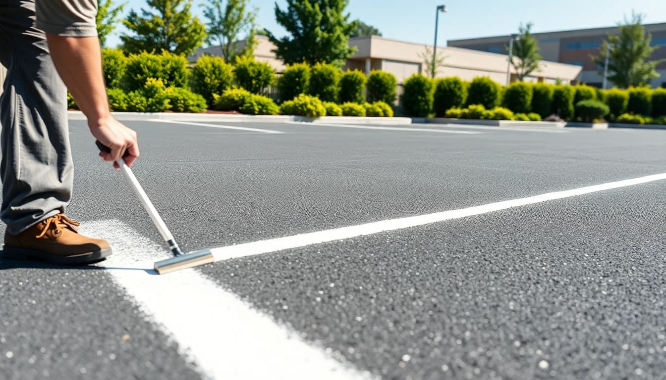 Parking lot line painting near me with a worker painting clear lines on asphalt.