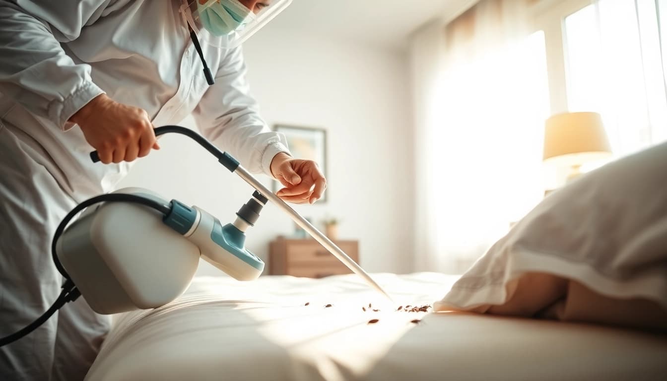 Bed bug exterminator performing treatments in a clean bedroom, ensuring comfort.
