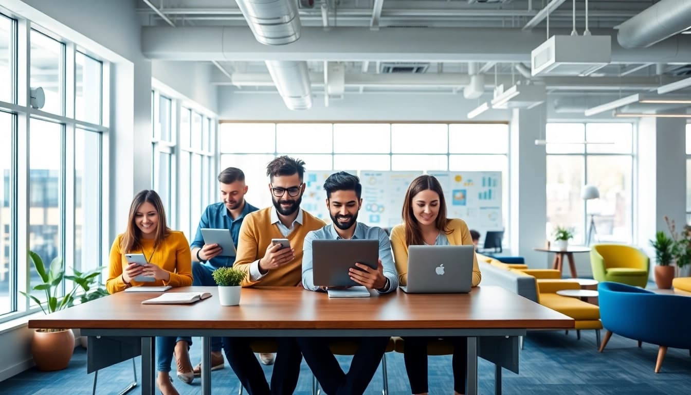 Team collaboration at a dynamic Agency in a modern workspace with digital devices.