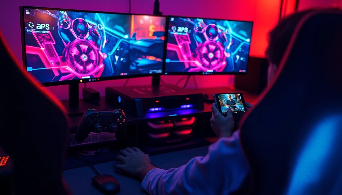 Cronus zen gaming setup showcasing vibrant RGB lighting and customized controllers.
