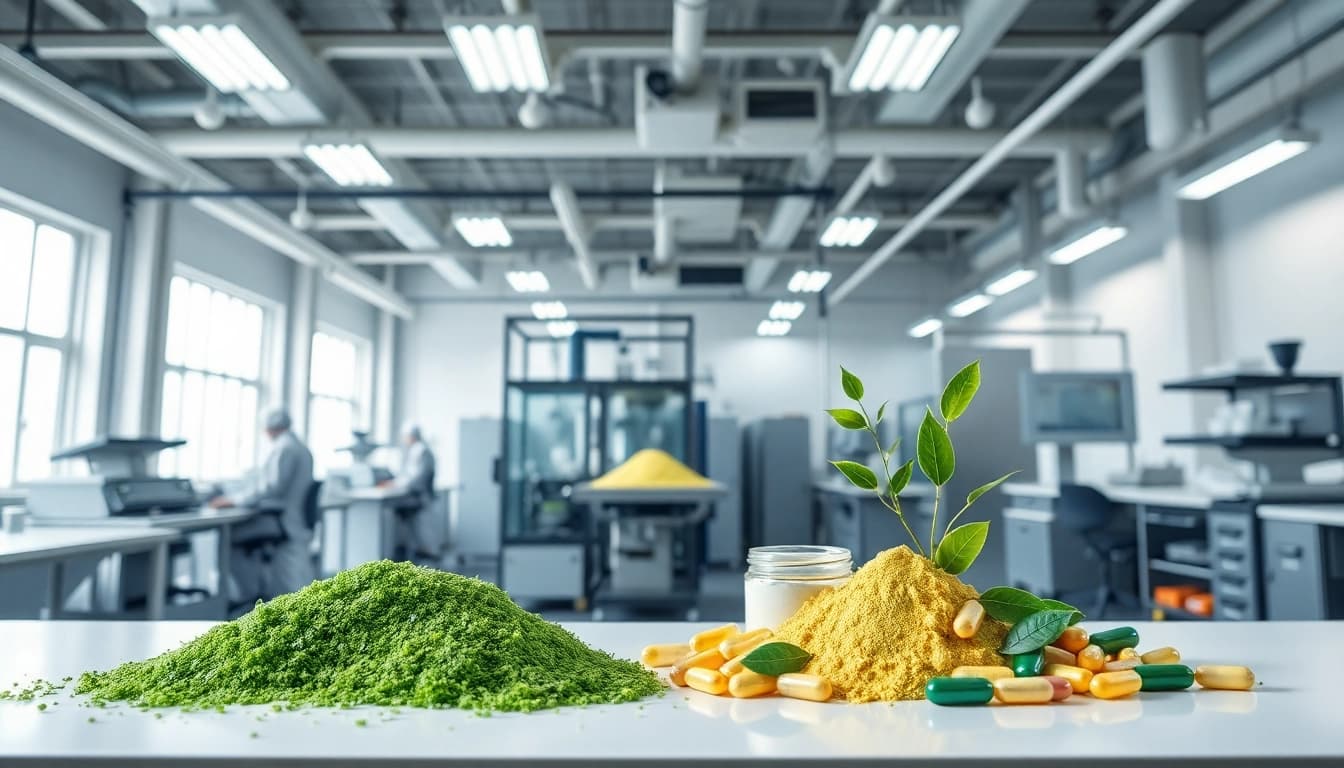 Illustration of a contract supplement manufacturer UK, showcasing modern facilities with vibrant supplements.