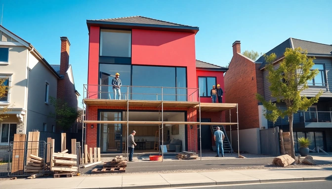 House extension construction site in Melbourne featuring modern design and builders at work.