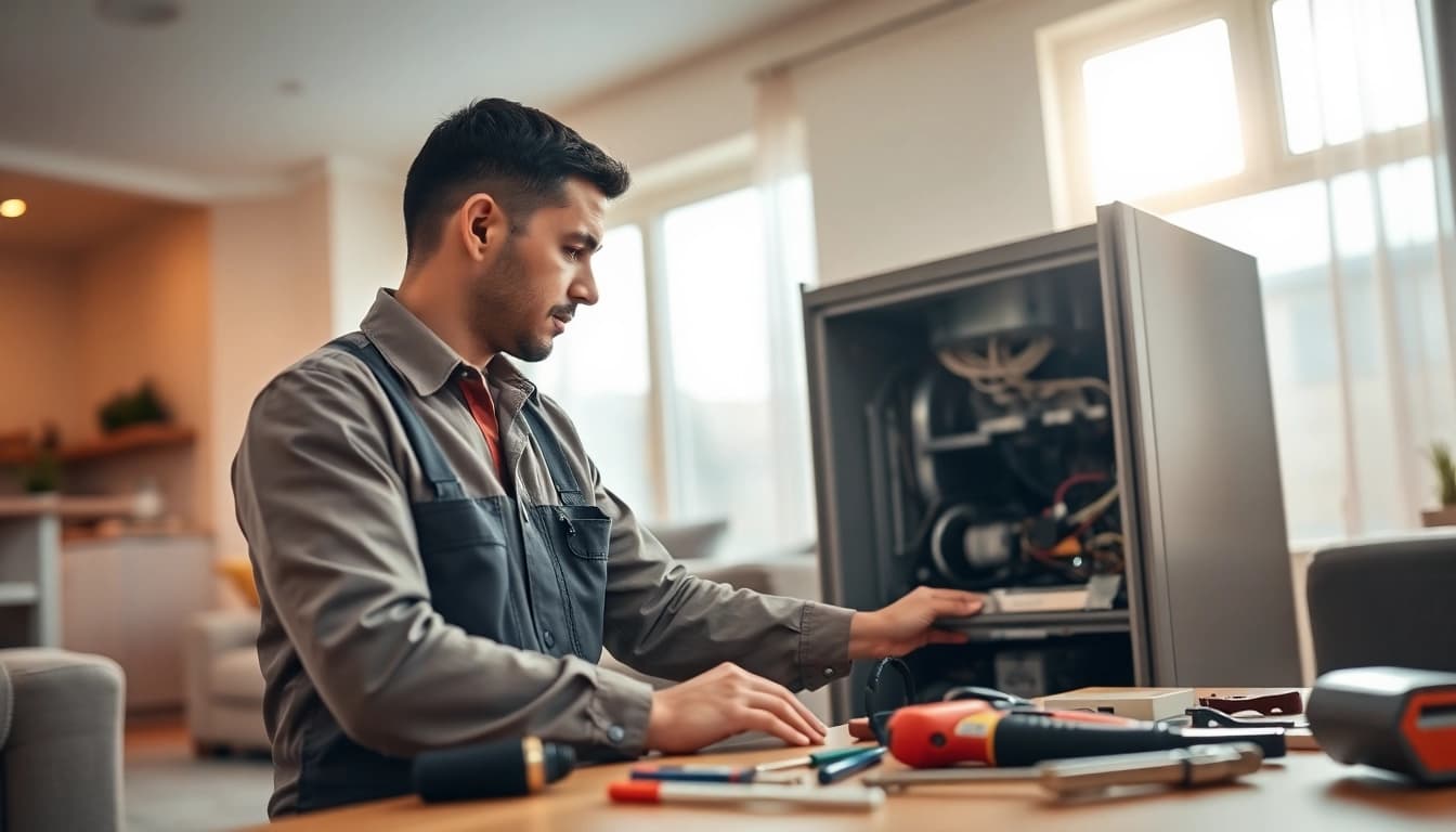 Expert performing Furnace Repair in a cozy, modern living room with tools at hand.