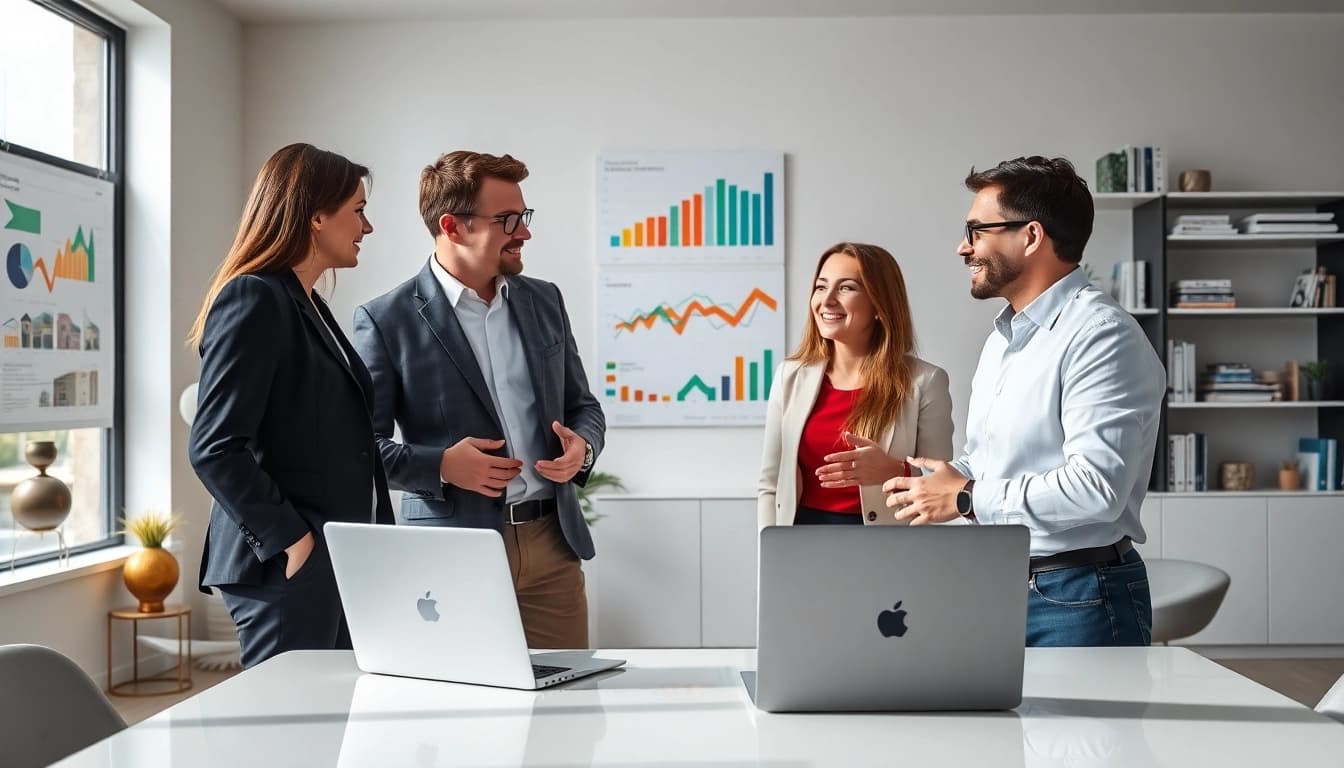 Engaging real estate broker advising clients in a modern office setting.