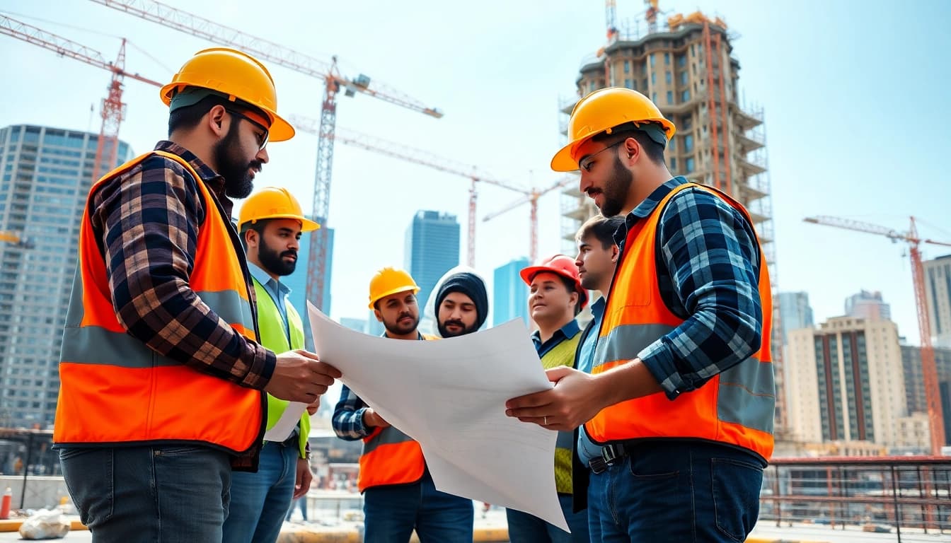 Construction association team members collaborating on building plans with cranes in the background.