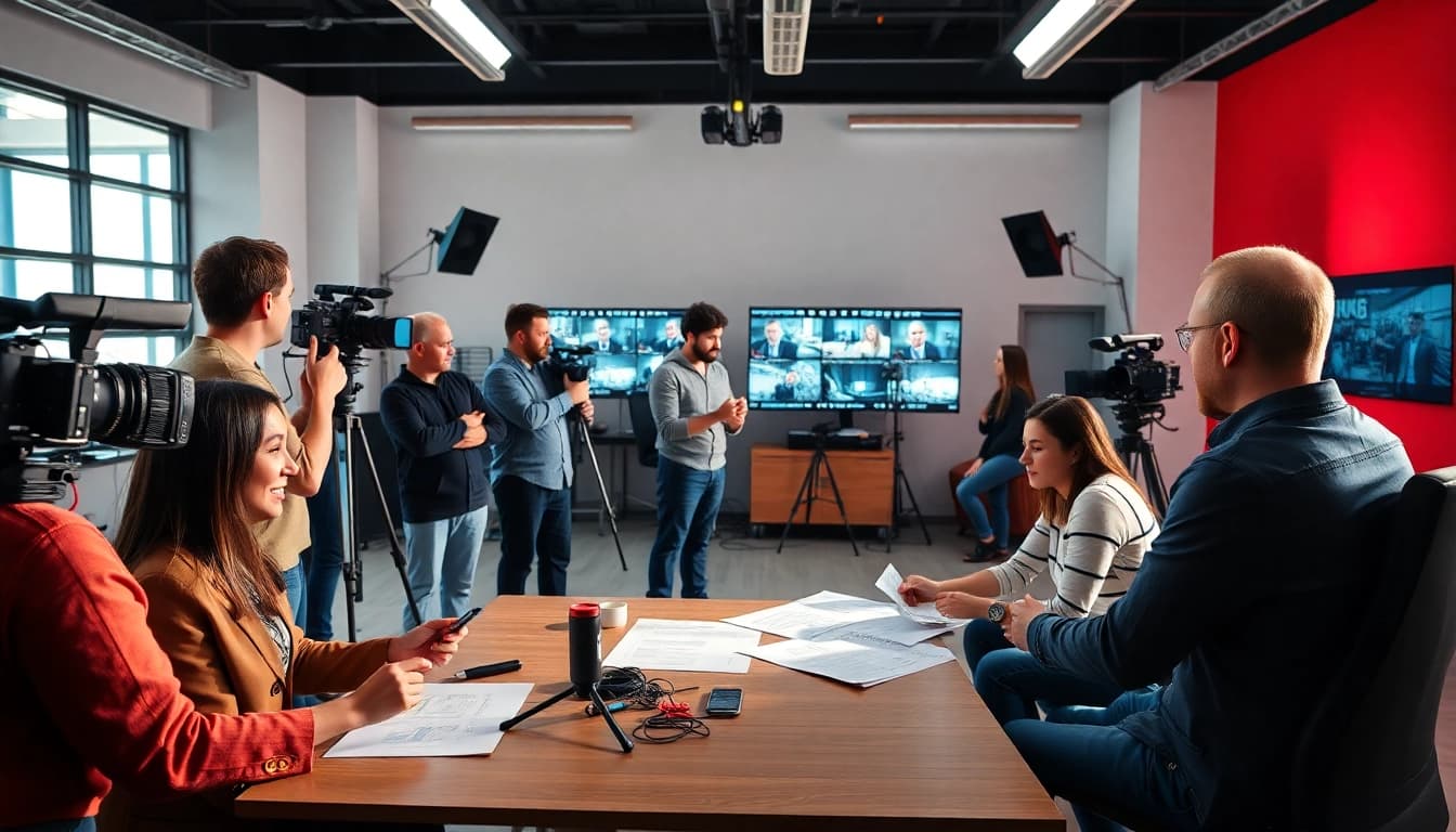 Capture of a corporate video production Calgary team collaborating in a vibrant studio setting.