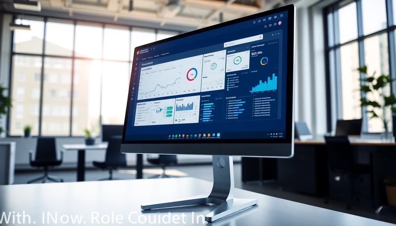 Showcasing enterprise search software interface in a modern office setting with analytics dashboard.