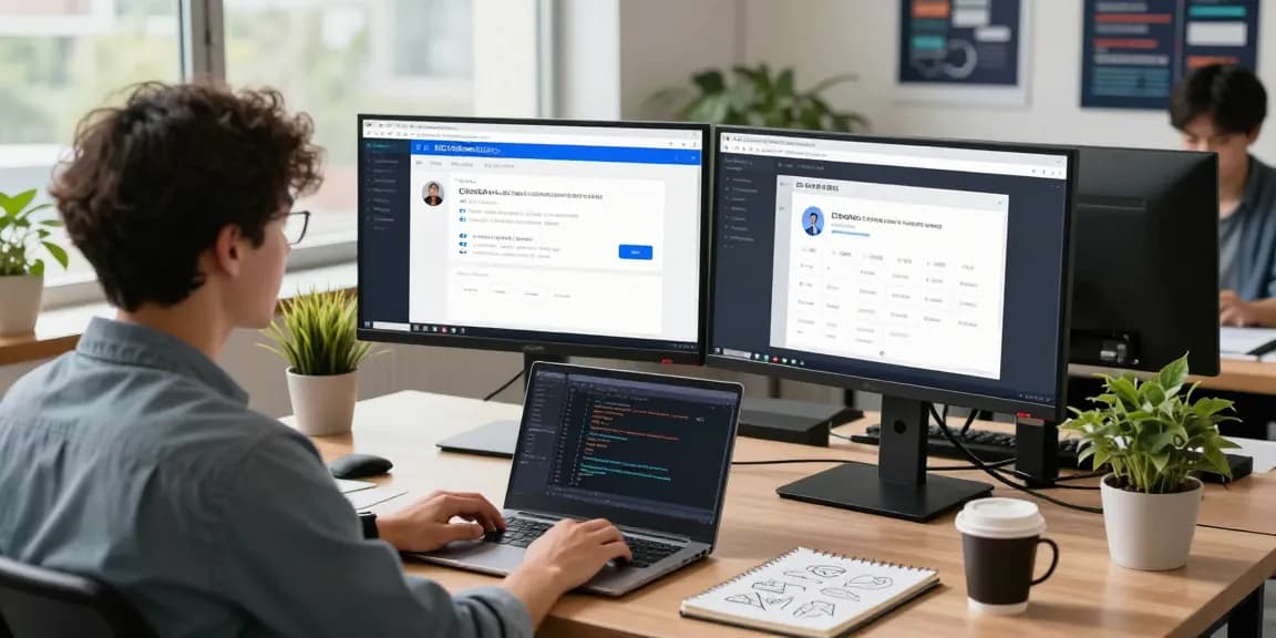 Workspace showcasing development of 纸飞机中文版官网, with coding monitors and modern office setup.