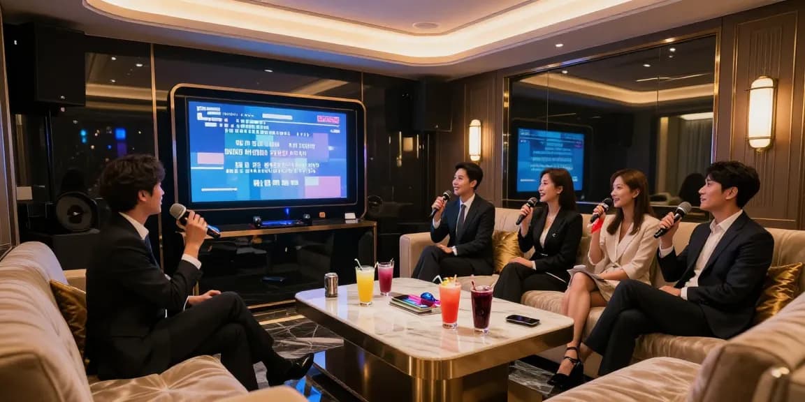 강남가라오케 고급룸에서 즐기는 전문직 그룹과 세련된 인테리어가 돋보이는 장면