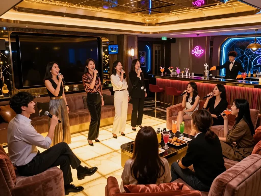 강남달토의 노래방 장면, 고급스러운 장식과 생동감 있는 칵테일, 활기찬 분위기 속에서 친구들이 즐겁게 노래를 부르고 있습니다.