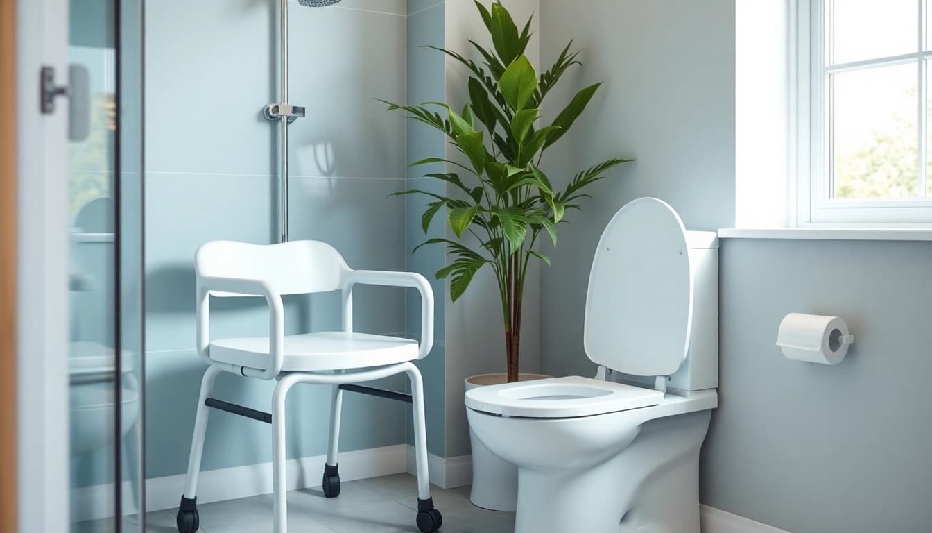 Hilfe für bad und toilette mit modernem Duschstuhl und erhöhtem Toilettensitz im Badezimmer