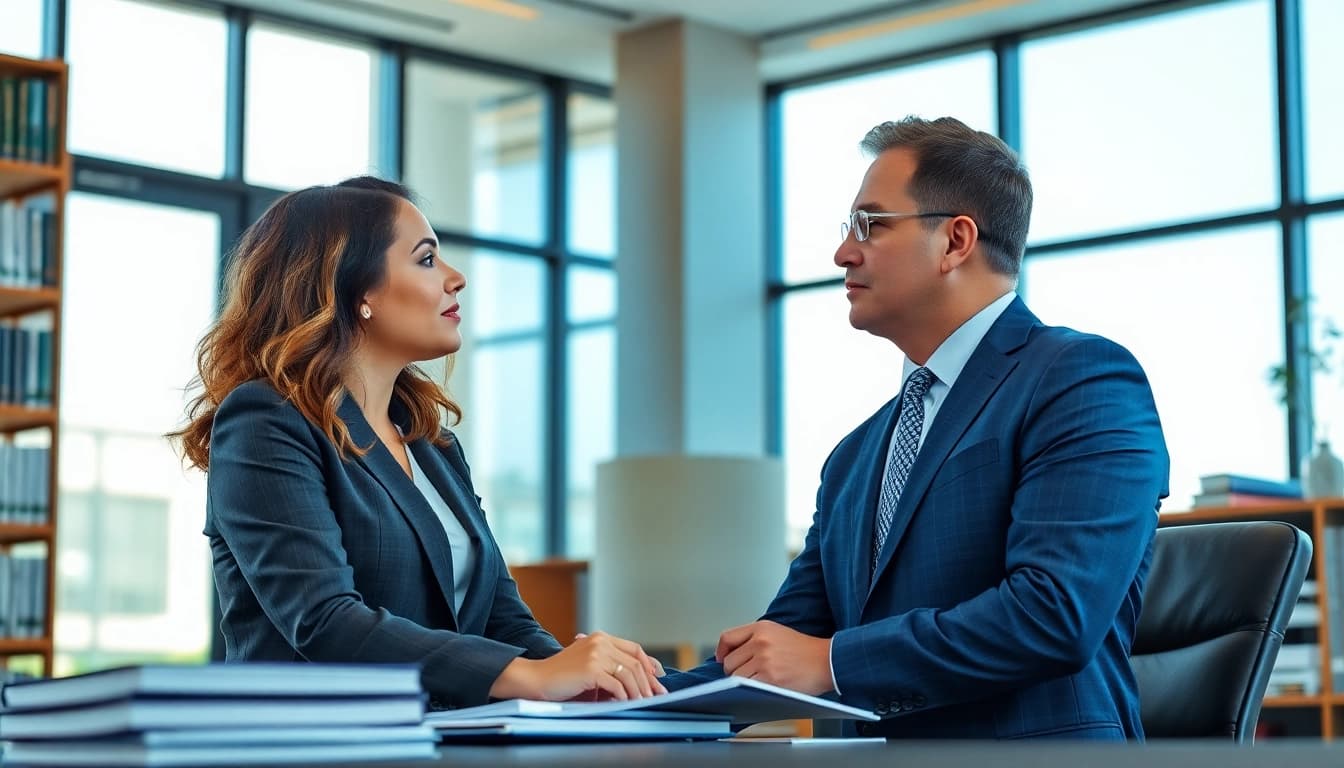 Clearwater truck accident attorney consulting with a client in a modern office, highlighting professionalism.