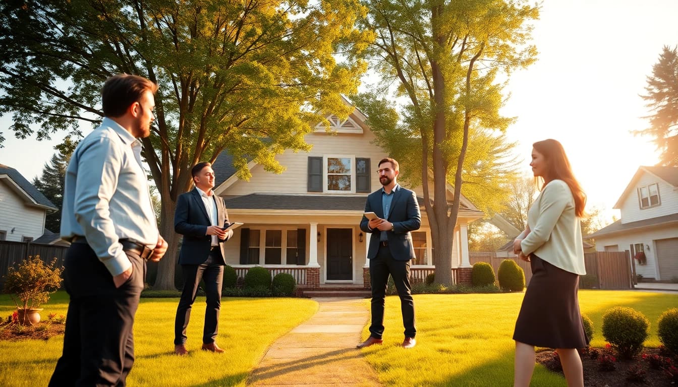 Highlighting real estate agents showcasing a charming home in a vibrant suburban environment.