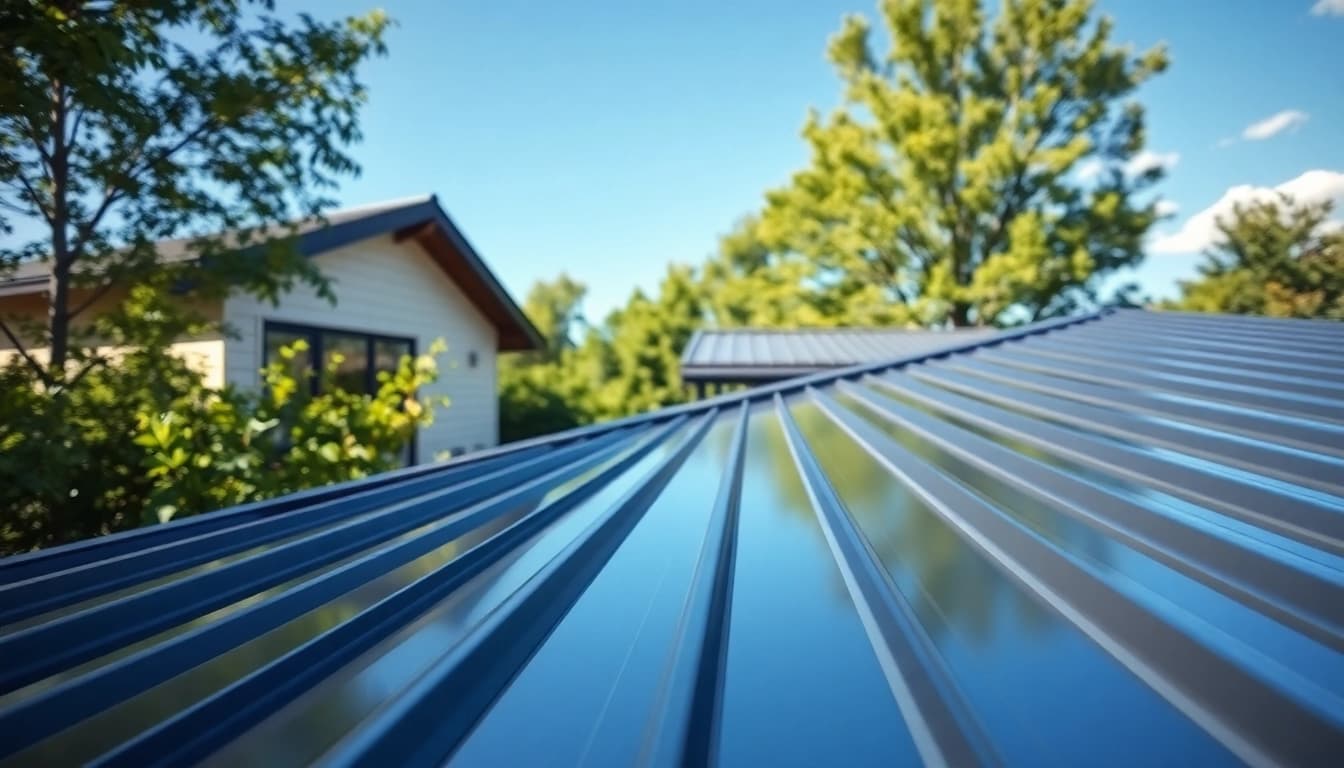 Stunning metal roofing installation on a modern home surrounded by greenery and clear sky.