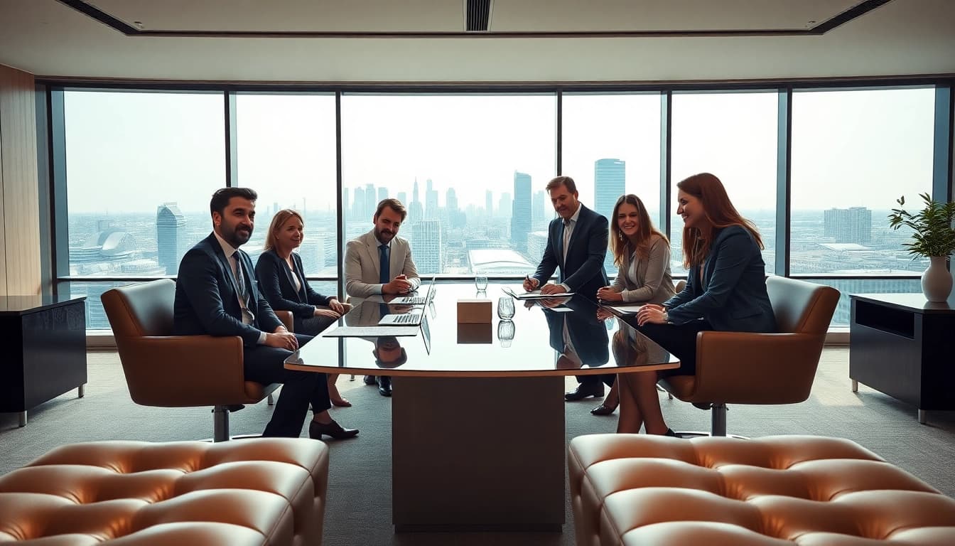 Investors discussing strategies for luxembourg holding at a modern conference table.