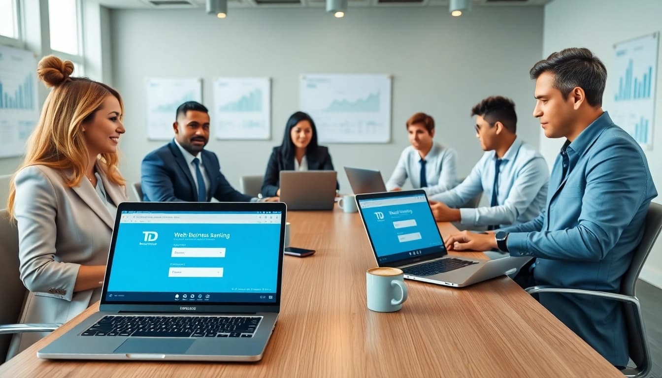 td web business banking login page displayed in a modern office setting with professionals.