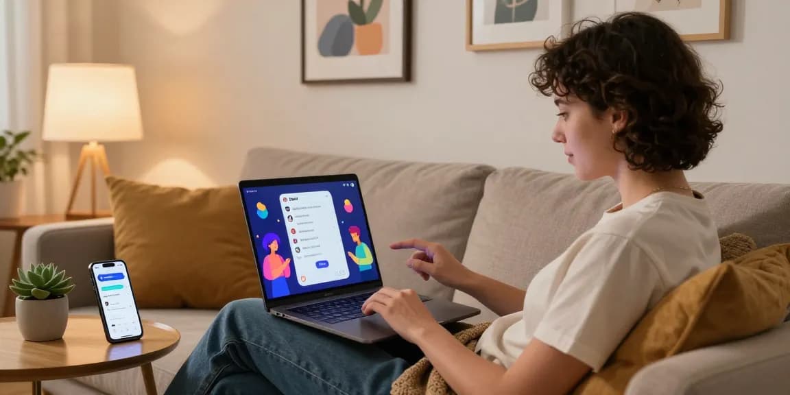 Engaging with CrushOn AI on a laptop in a cozy home setting, highlighting user interaction.