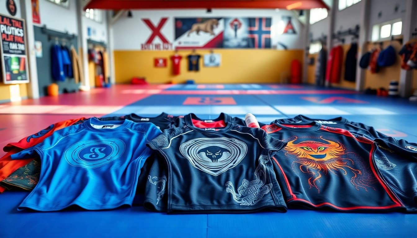 Shop durable Jiu Jitsu Rash Guards featuring unique designs and vibrant colors.