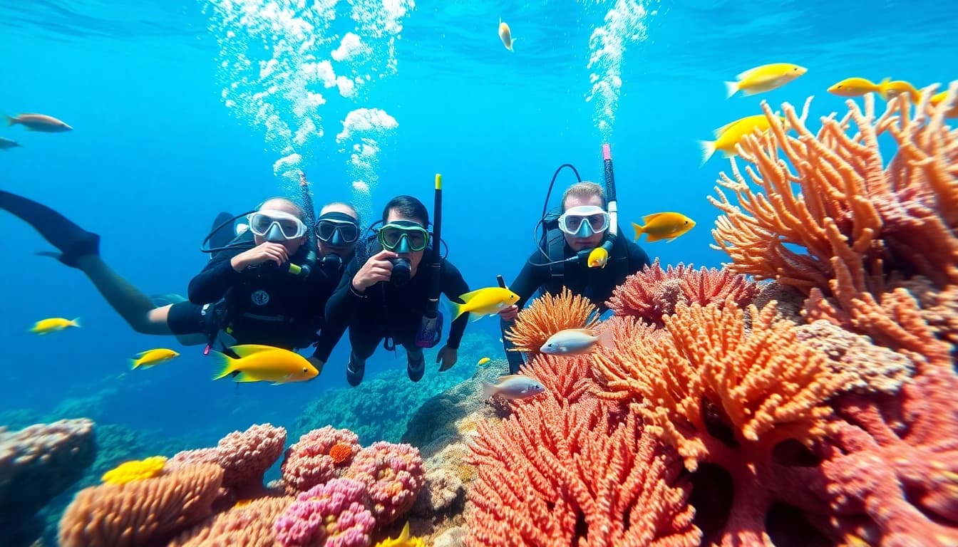 Divers explore vibrant coral reefs on a scuba diving expedition at https://marvinscubaexpeditions.com, showcasing underwater marine life.