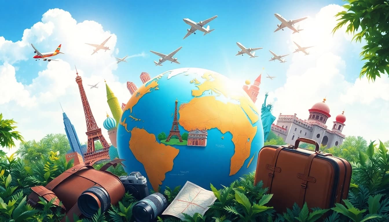 Experience round the world holidays with iconic landmarks and travel gears illustrated in a vibrant scene.