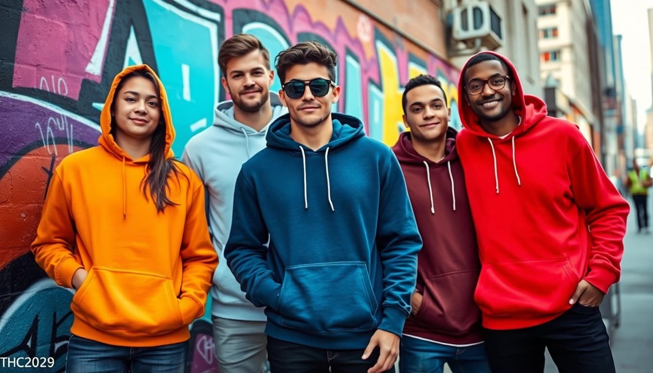 Young adults showcasing blank hoodies against a colorful graffiti backdrop.