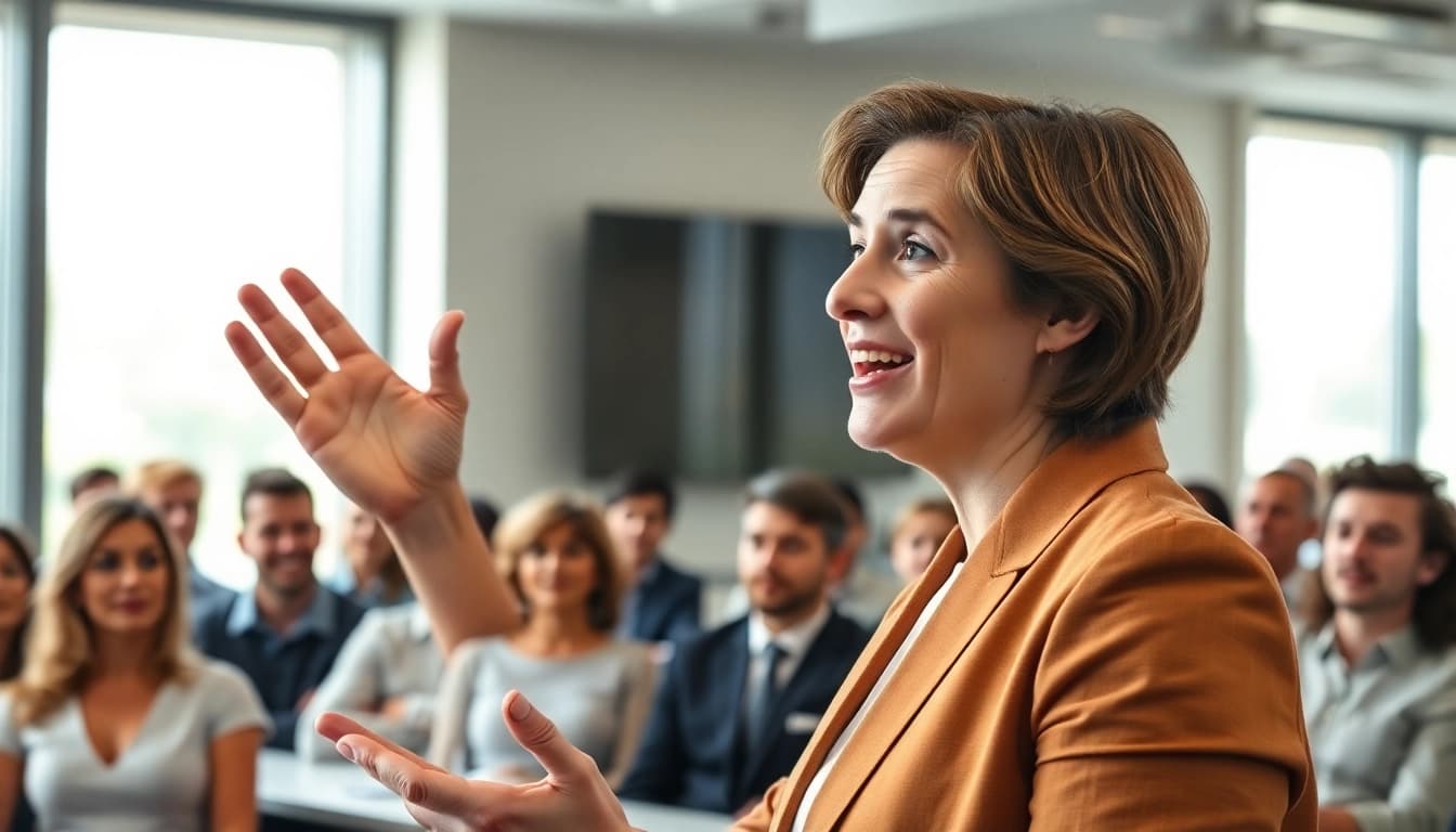 Public Speaking Coach captivating an audience during a dynamic presentation.