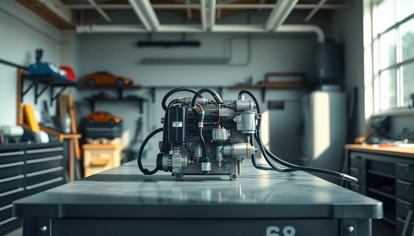Showcase the S58 Auxiliary Fuel Kit highlighting its advanced design and components on a workbench.