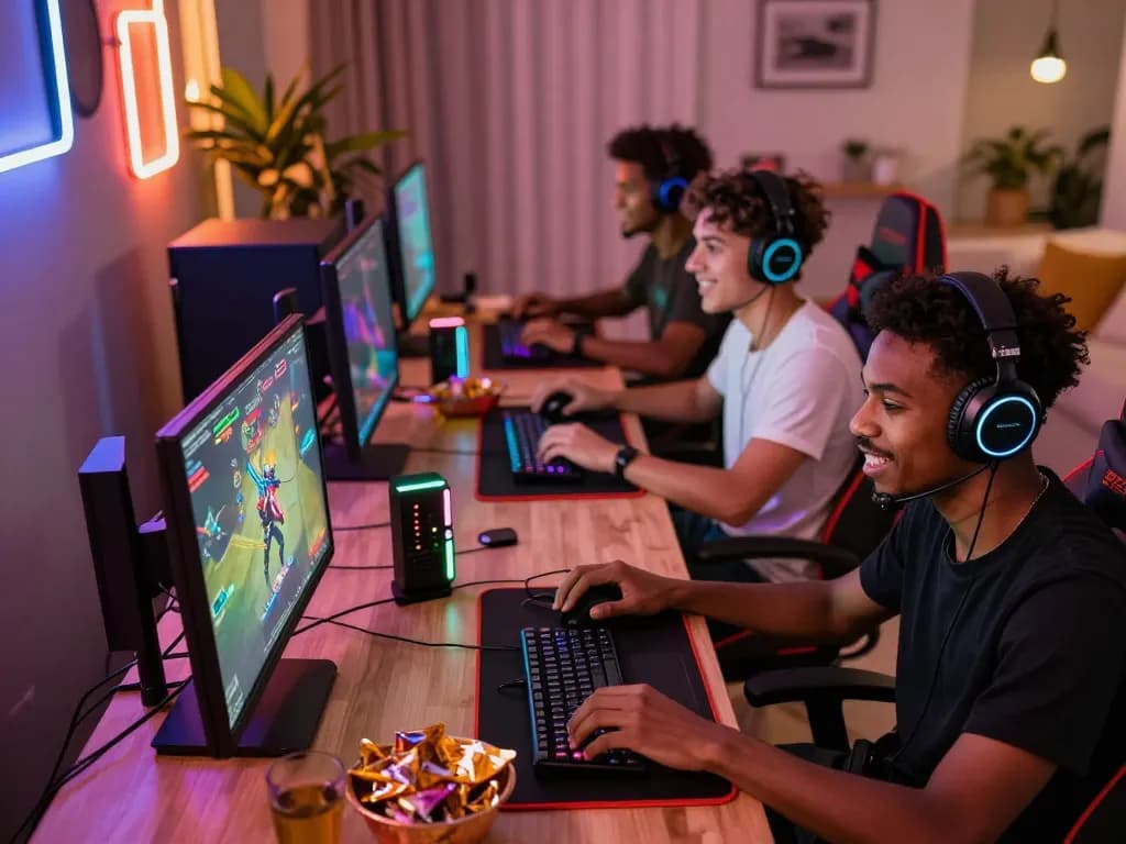 Players enjoying multiplayer battles on go88 devices in a vibrant gaming setup.