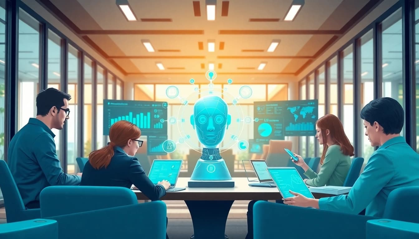 Engage with an enterprise ai assistant in a collaborative workspace showcasing team dynamics and technology.