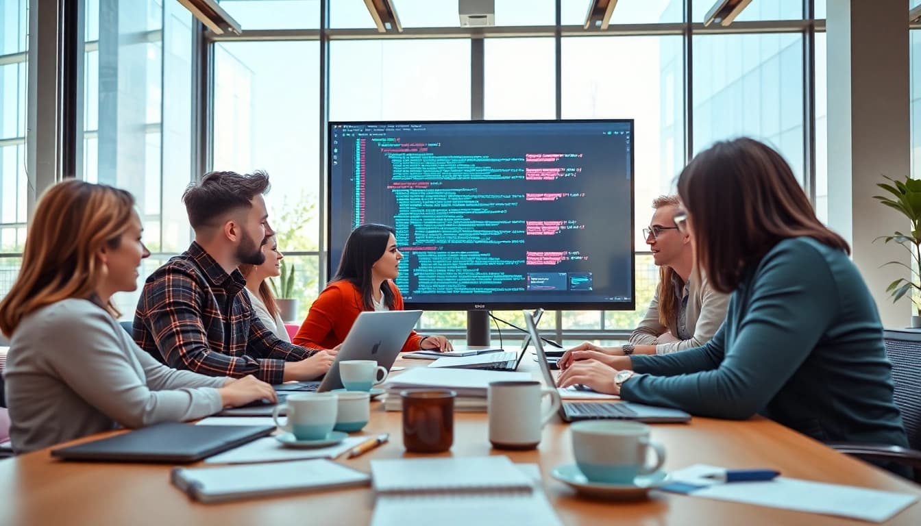 Web development company team collaborating in a modern workspace, showcasing innovation and teamwork.