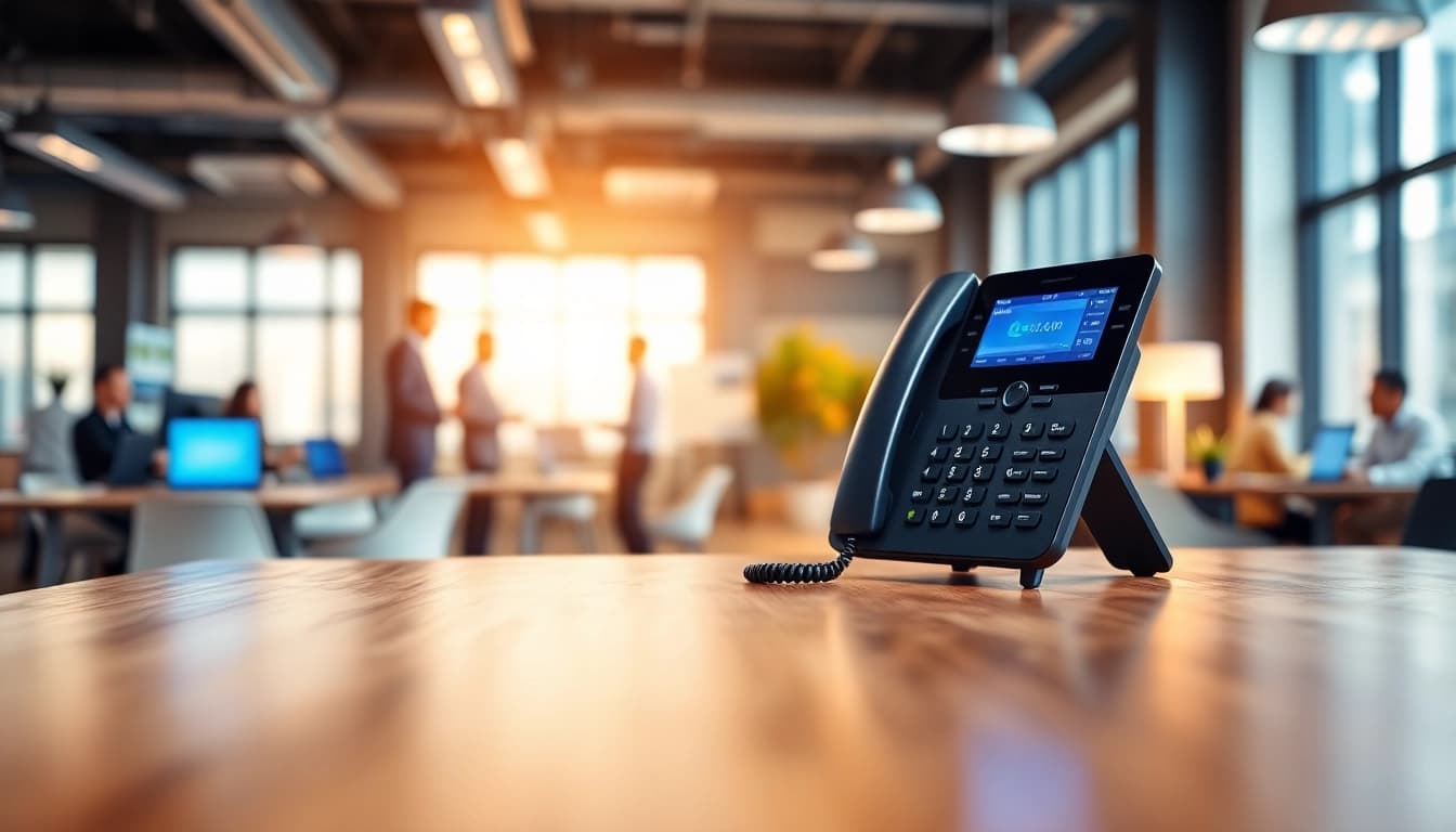 Showcasing business phone systems setup with sleek design and modern office ambiance.