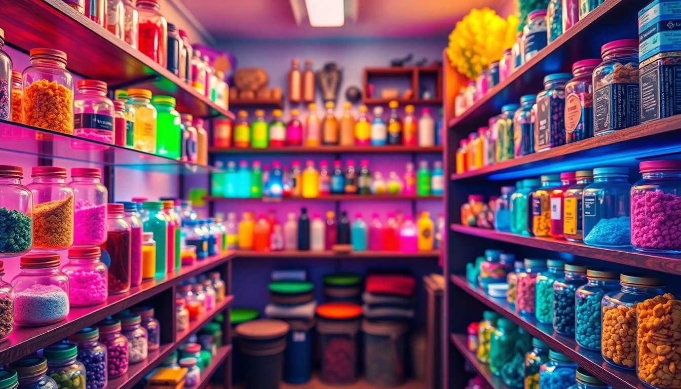 Psychedelicschemstore showcasing colorful products in a cozy atmosphere with warm lighting.