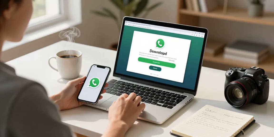 Effortlessly downloading WhatsApp下載 on a laptop in a modern home office