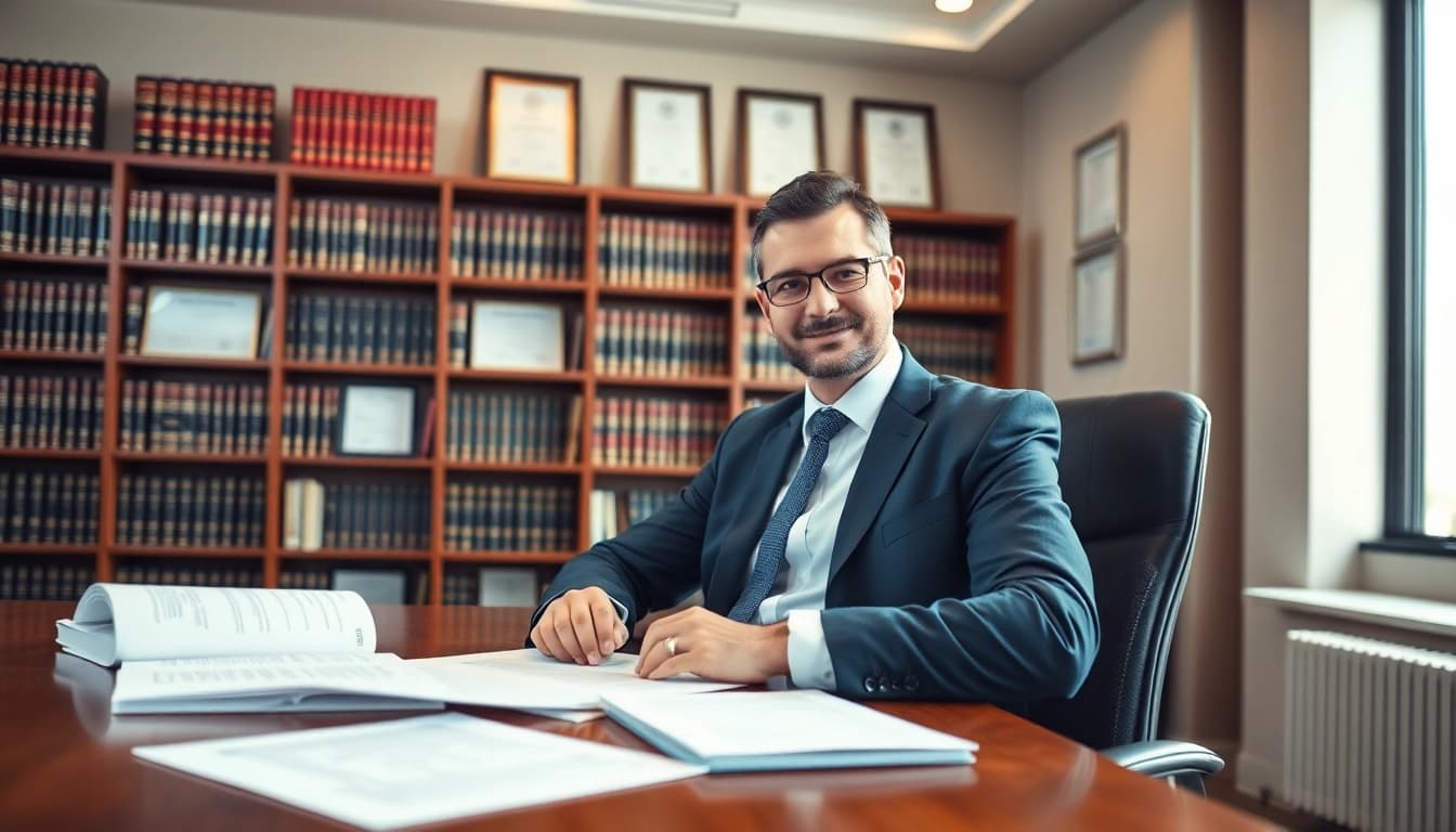 Birmingham Divorce Lawyer providing legal advice in a modern office setting with law books and documents.