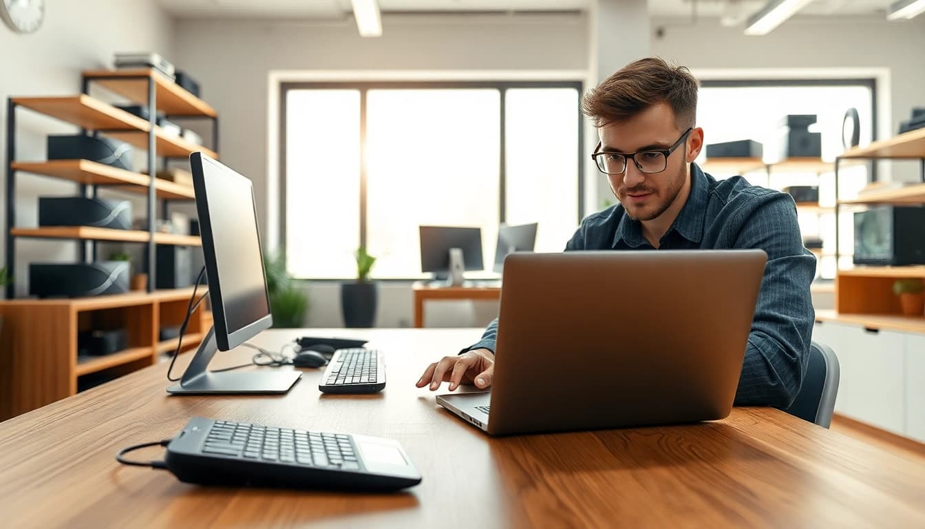 Help with computer solutions at https://computerhilfe-24.at by a skilled technician in an office.