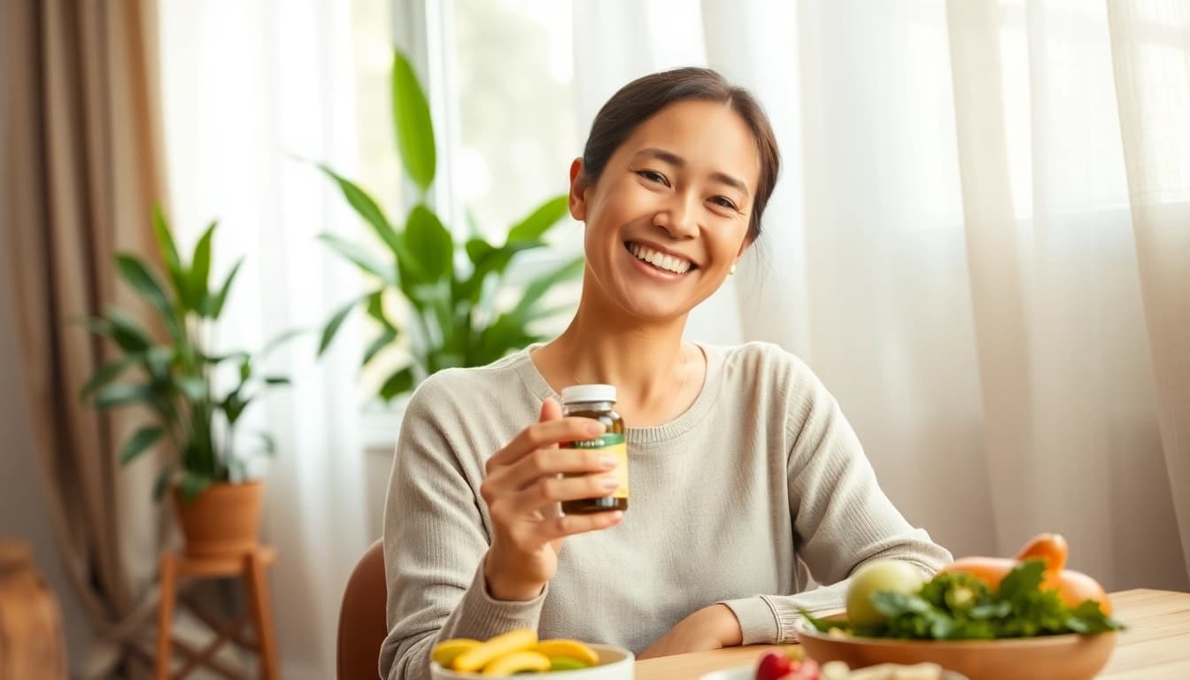 穏やかなウェルネス環境の中で葉酸サプリを持つ女性、健康を促進している。
