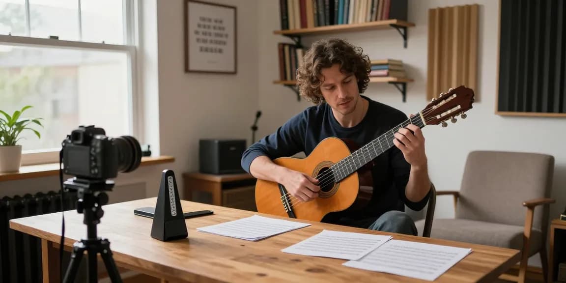 Instructor demonstrating online classical guitar lessons in a warm, inviting home studio.