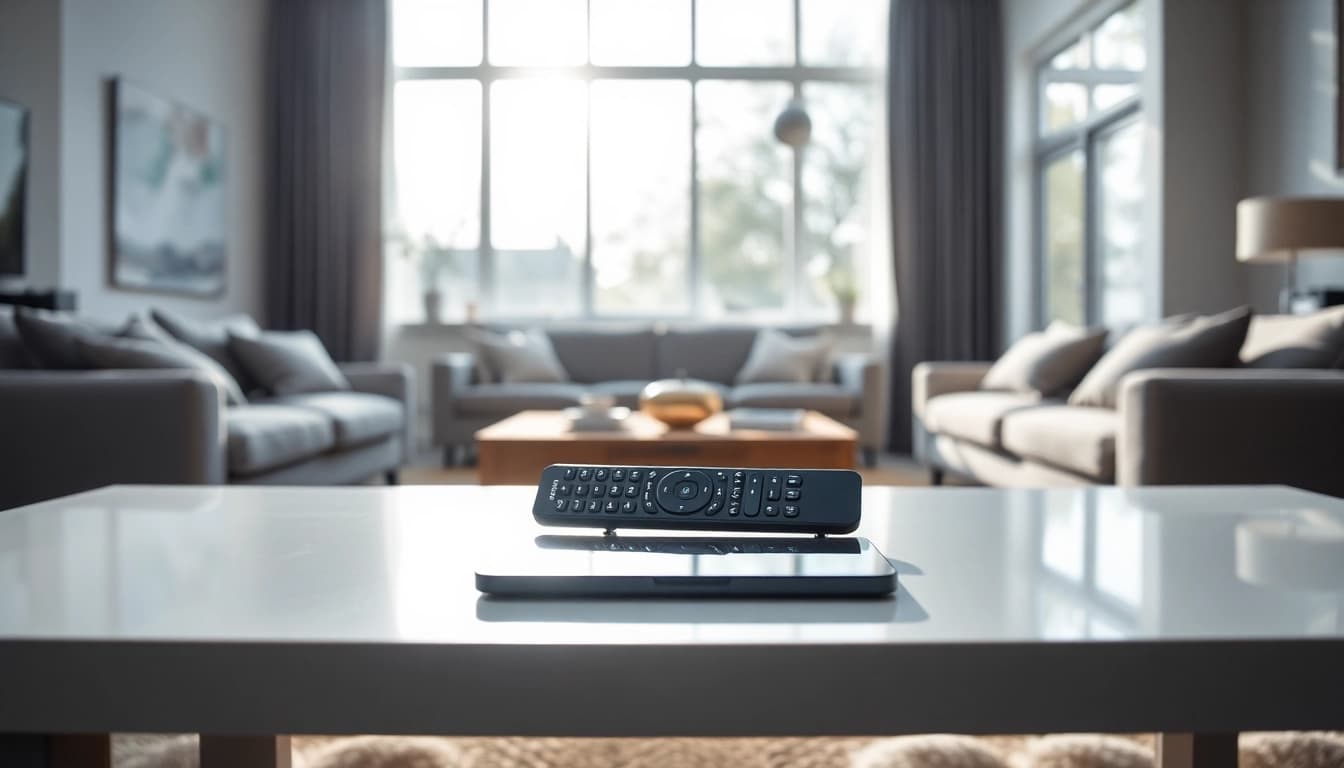 Samsung SolarCell remote replacement auf einem eleganten Tisch in einem modernen Wohnzimmer.