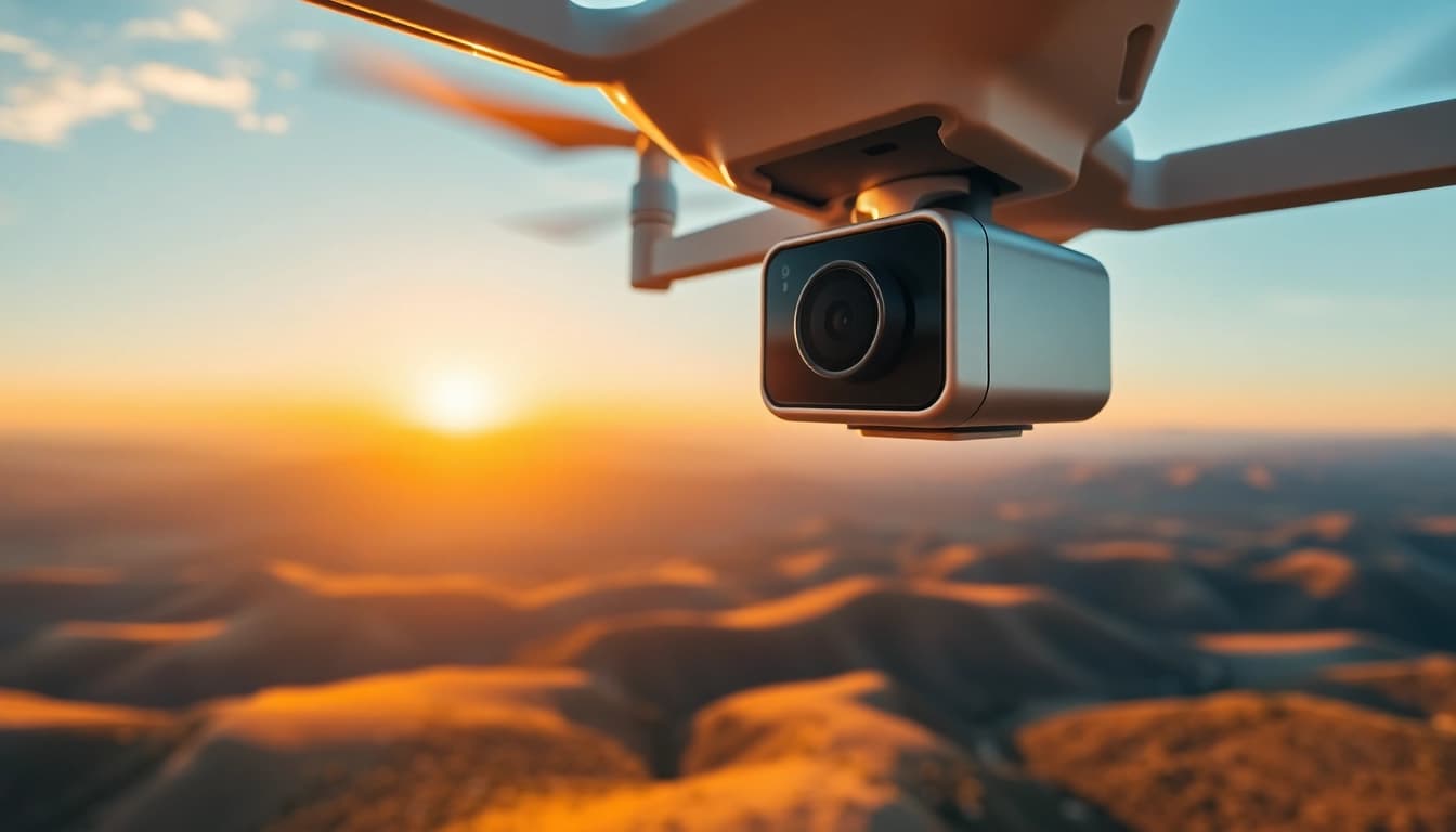 Showcasing Insta360 camera on a drone capturing stunning aerial landscape.