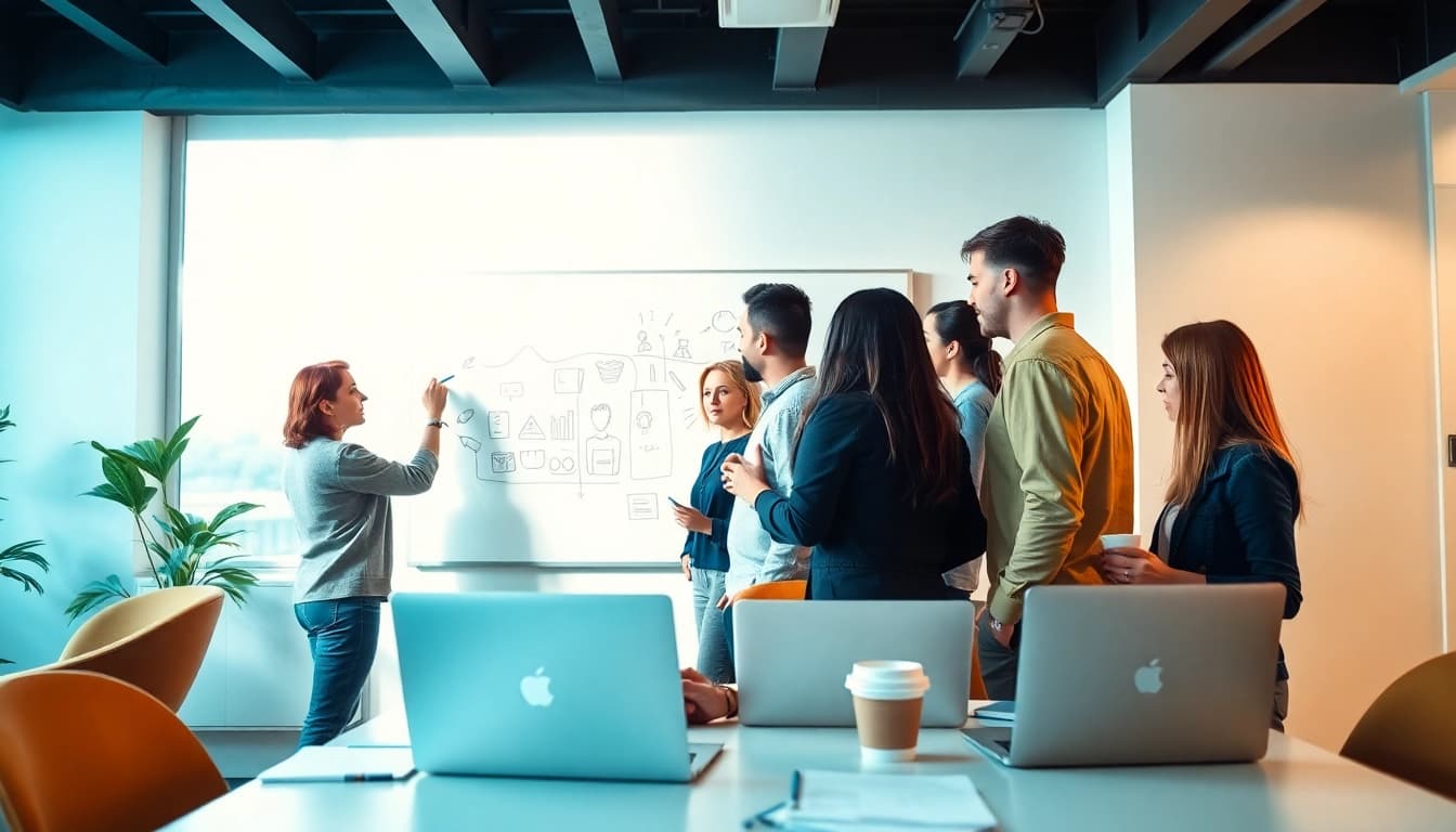 Dynamic collaboration in an advertising agency office showcasing teamwork and creativity.