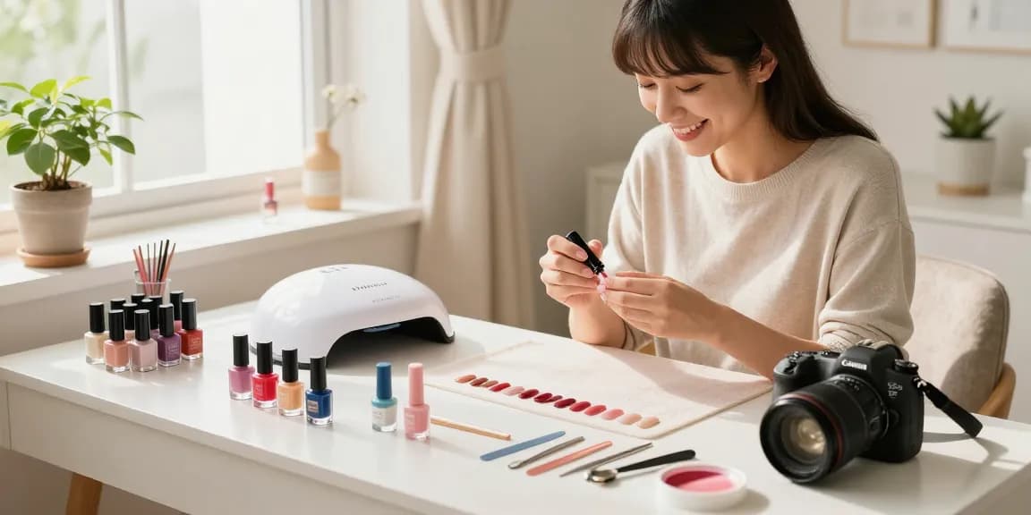 Femeie aplicând oja gel dintr-un kit manichiura acasa la o masă elegantă de toaletă, cu unelte profesionale pentru îngrijirea unghiilor.