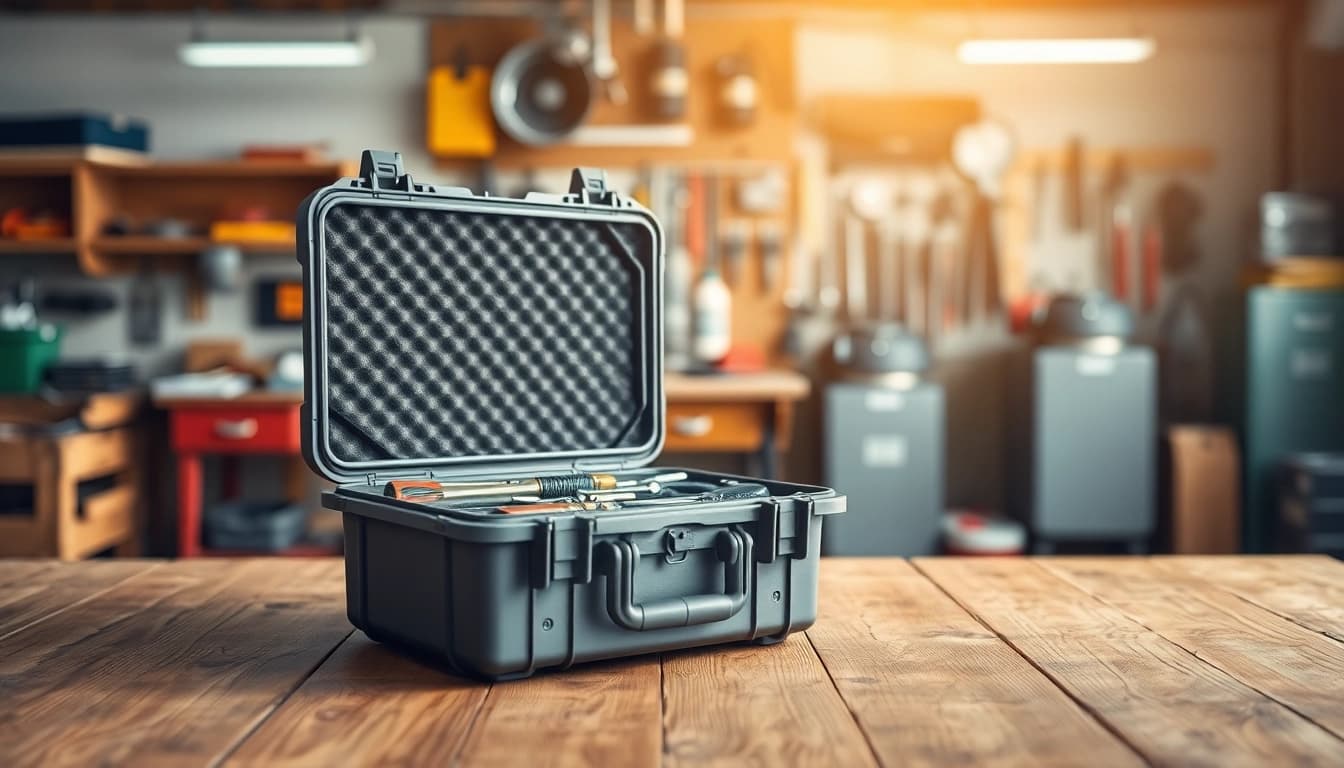 Showcasing a durable hard case with tools inside, emphasizing its watertight features.