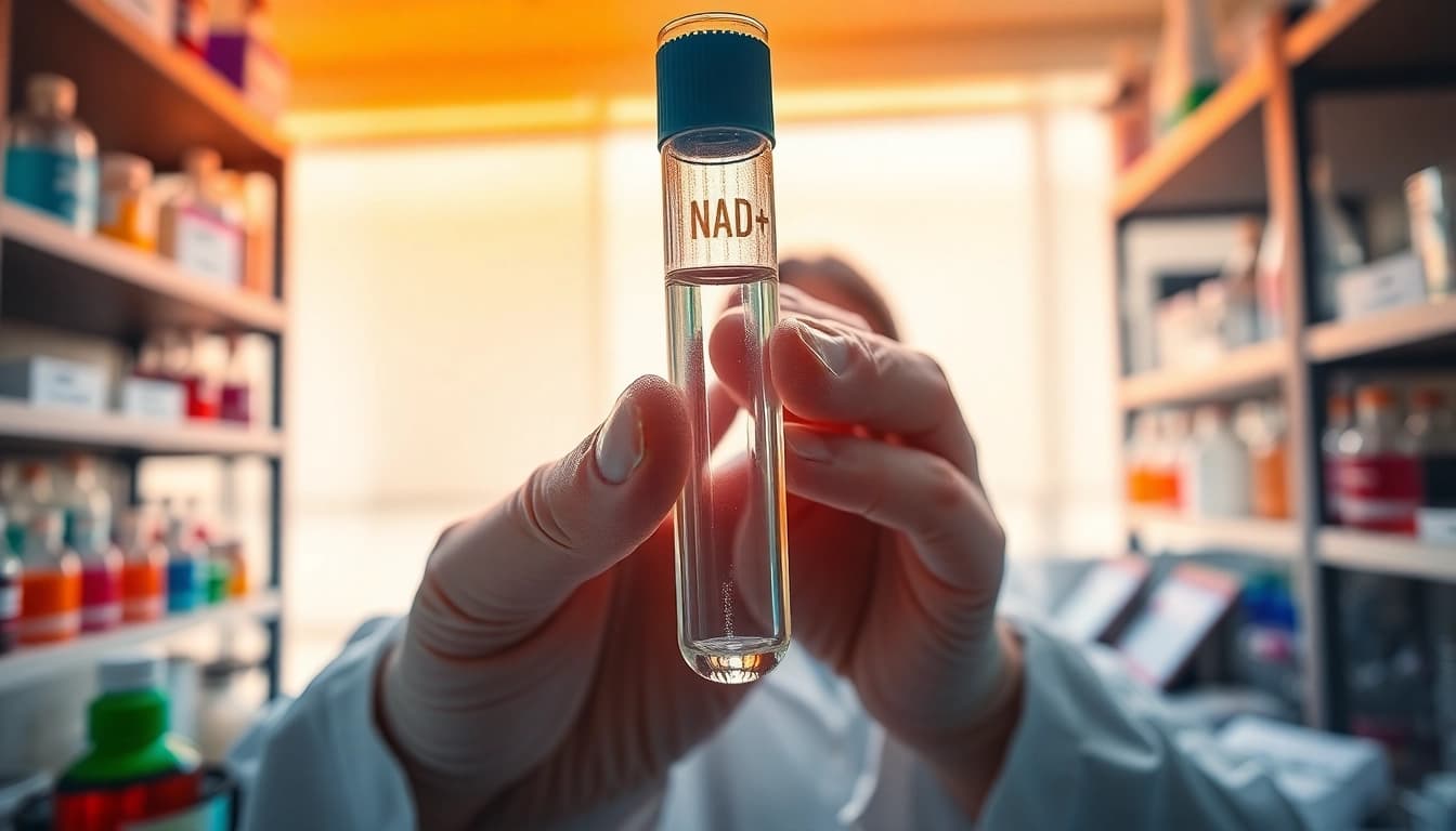 NAD+ levels analyzed in a professional laboratory with warm lighting and scientific equipment.