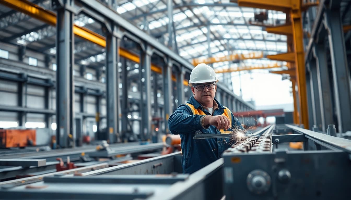Workers engaged in structural steel fabrication processes, showcasing precision and skill in an industrial workshop setting.