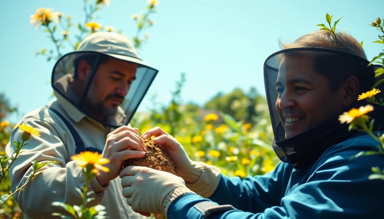 Expert performing honey bee removal services in a vibrant garden with friendly colors.